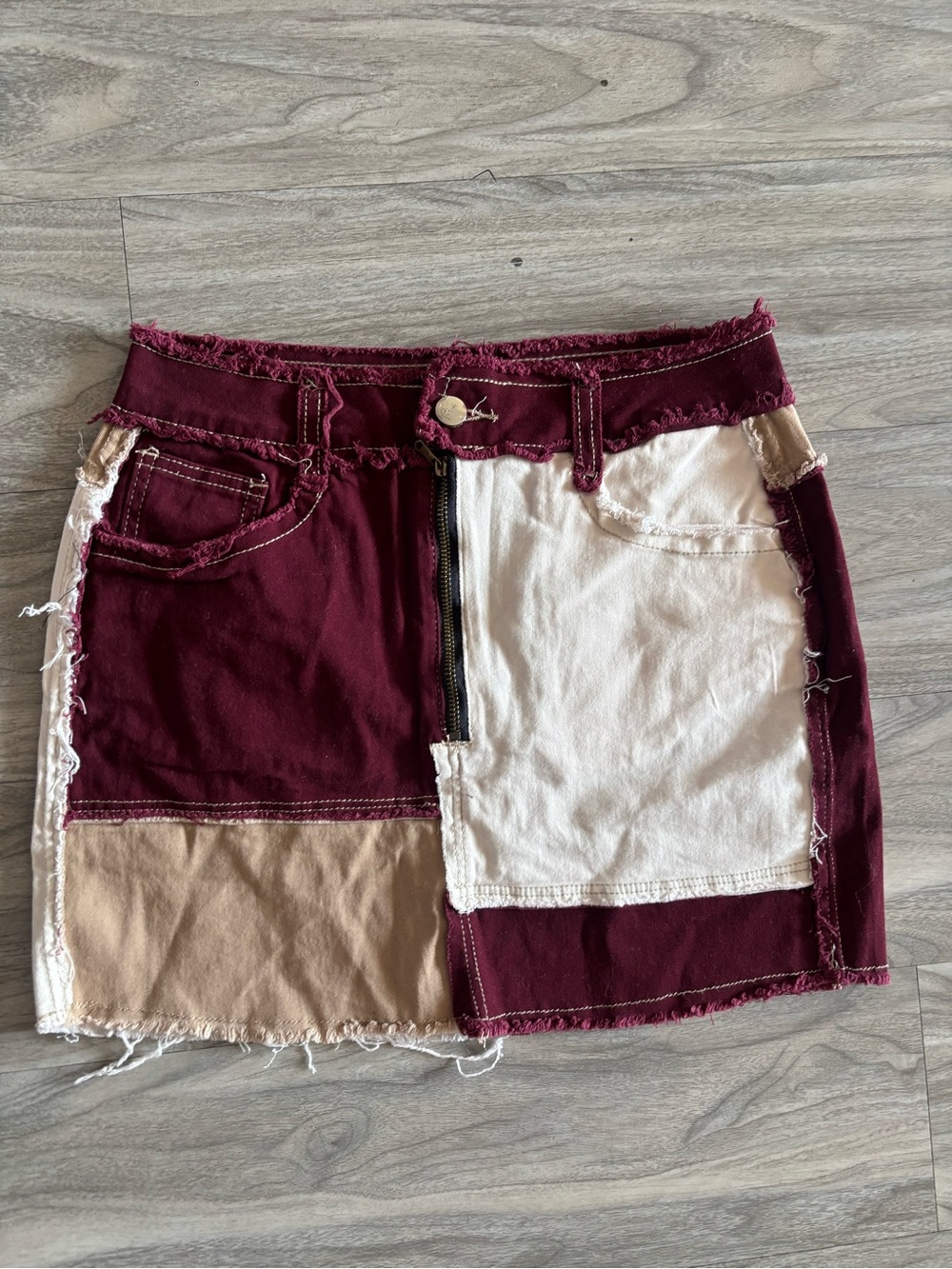 Patchwork Mini Skirt in Burgundy, Cream & Tan